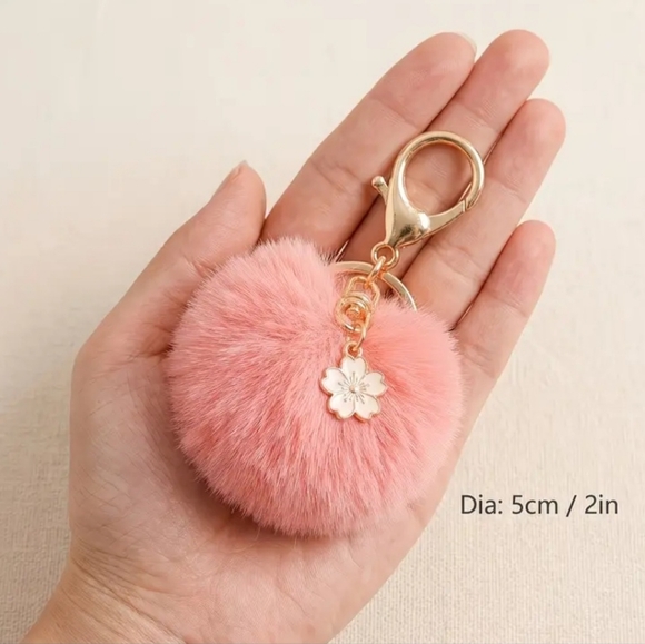 NWTluffy Pom Pom Keychain Set Of 3 - Blue, Pink, Green, Purple - Picture 3 of 6